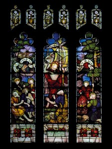 CE Kempe stained glass in the south aisle, 1890. Breakfast by the Sea of Galilee and the re-commissioning of St Peter.