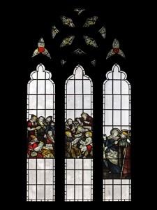 Fire-damaged CE Kempe stained glass in the north transept, 1892. Jesus as a boy in the Temple.
