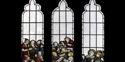 Fire-damaged CE Kempe stained glass in the north transept, 1892. Jesus as a boy in the Temple.