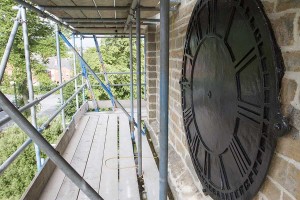 South facing clock face, sand-blasted and painted black, ready for gilding