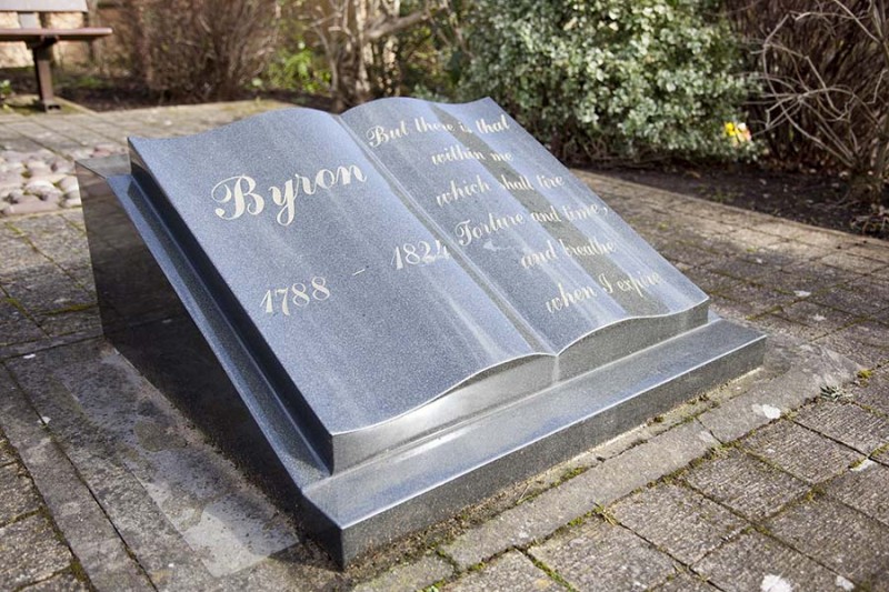 Open book monument in the Byron garden of remembrance