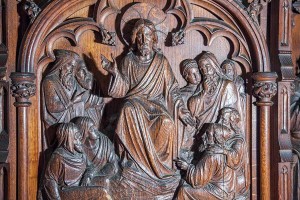 Close up of the carving to the front of the wooden pulpit