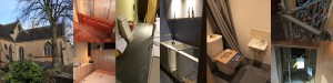 Montage of images showing south transept week 7 development, build of servery, waterproof flooring, toilet furniture, glass lobby door, repainting of wrought iron