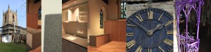 Montage of images showing south transept week 8 development, kitchen design detail, finished flooring, clock face needing refurbishment, repainting of wrought iron in purple