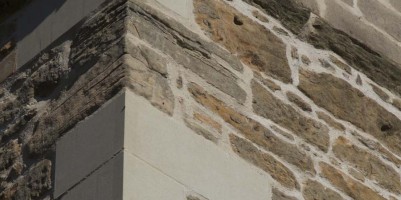 Close up of new stonework to south west corner of tower