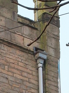 Close up of old drainage to north face of tower