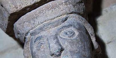 Close up of stone carving, thought to be of Geoffrey de Torkard