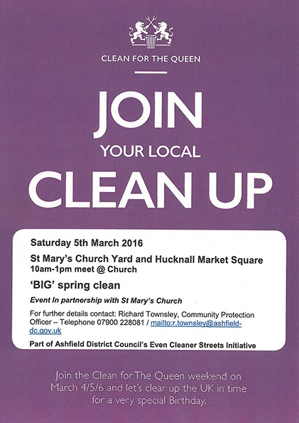 Poster for St Mary's church and Hucknall marketplace BIG Spring Clean event