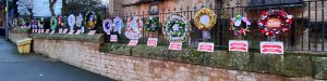 Christmas wreaths replacing the 2020 Christmas Tree Festival, outside St Mary Magdalene Church, Hucknall