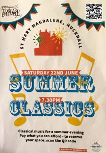Poster for Torkard Ensemble's Summer Classics concert at St Mary Magdalene church, Hucknall, Nottinghamshire
